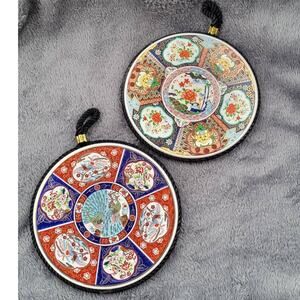 Vintage Japanese Imari Inspired Ceramic Trivet Peacock Floral Decor Cork Backed